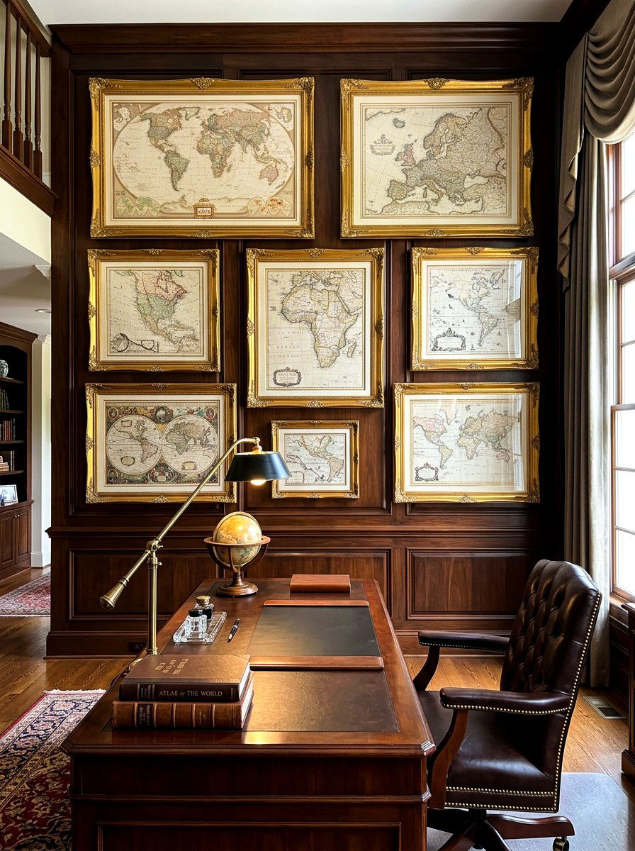 Framed vintage maps - 30 quiet luxury office ideas