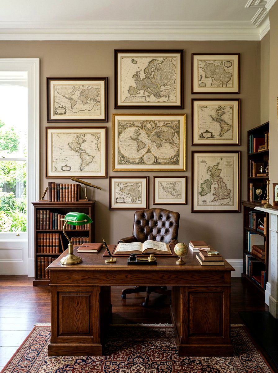 Framed vintage maps for study - 30 no paint decor ideas
