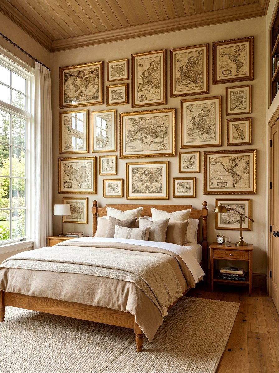 Framed vintage maps - 30 light academia bedroom ideas