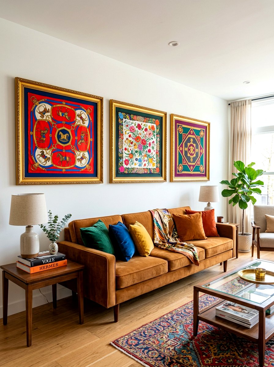 Framed vintage scarves - 30 living room wall decor ideas