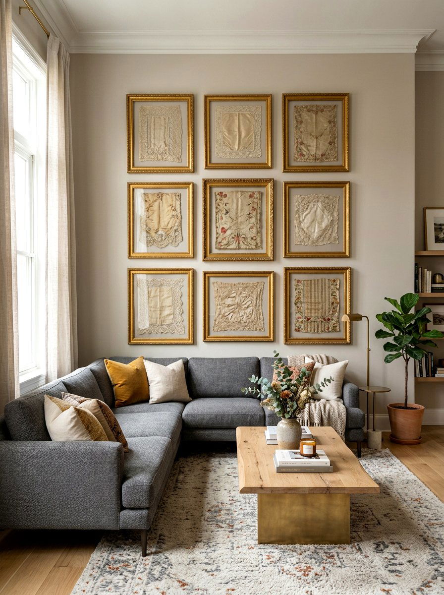 Framed vintage textile wall art - 30 heirloom decor ideas