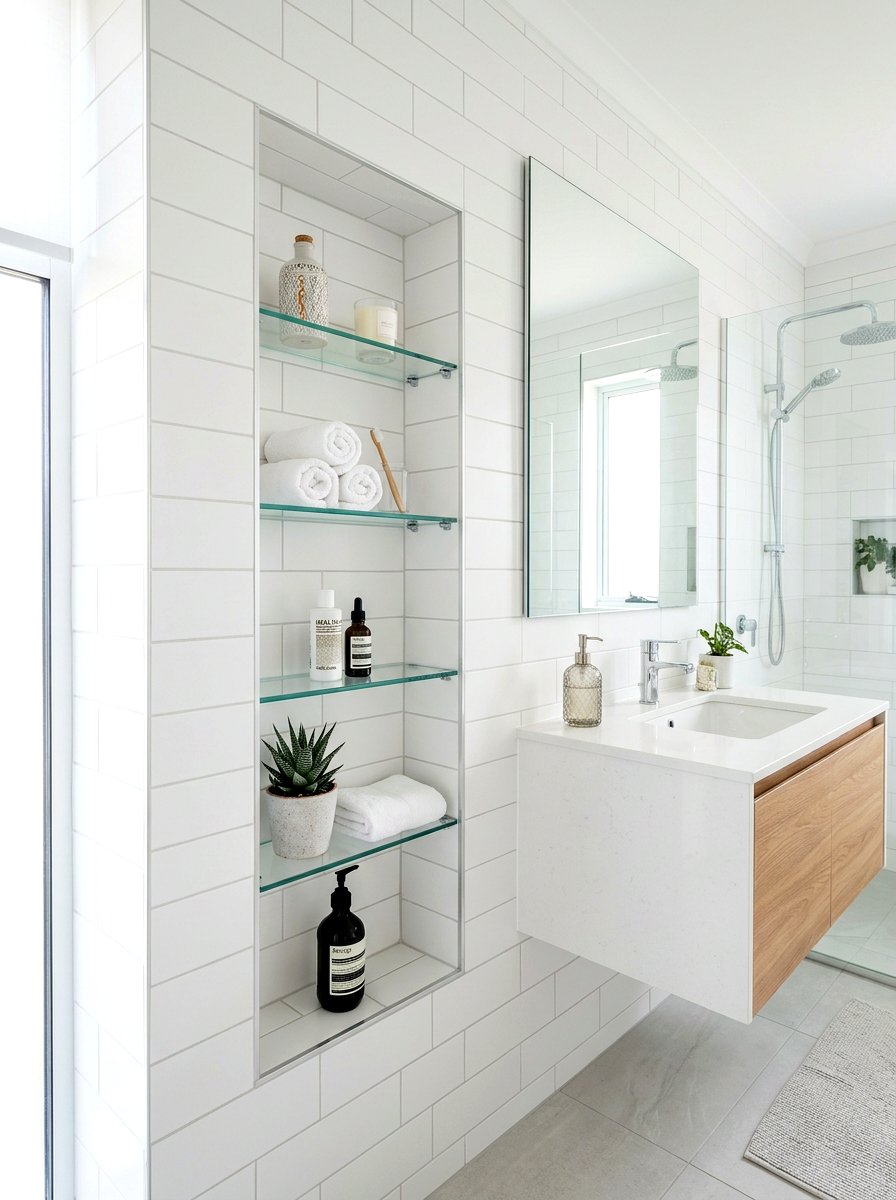 Frameless glass shelf niche - 30 tub niche ideas