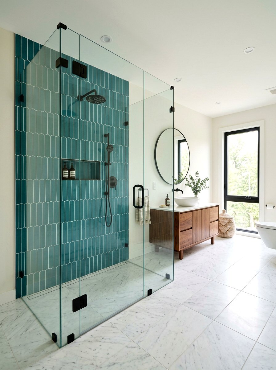 Frameless glass shower - 30 mid century bathroom ideas