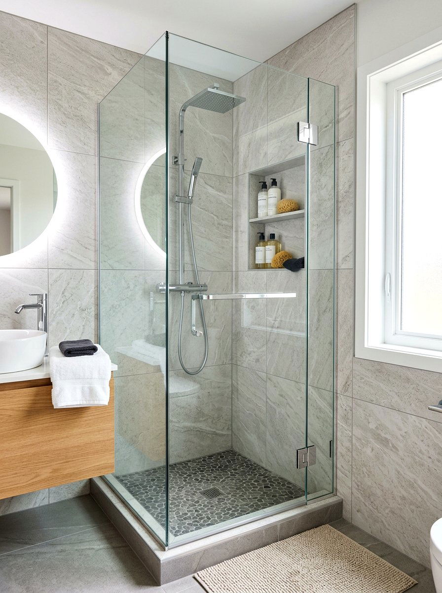 Frameless glass shower door - 30 small guest bath decor ideas
