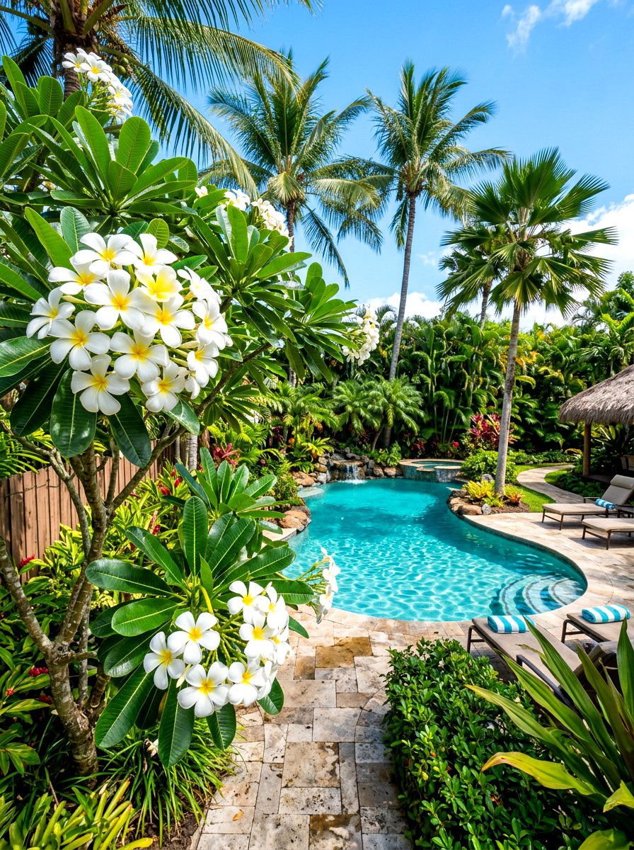 Frangipani tropical backyard - 30 fragrance garden backyard ideas