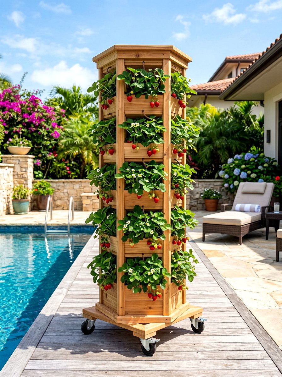 Freestanding Cedar Tower With Wheels - 30 strawberry tower ideas