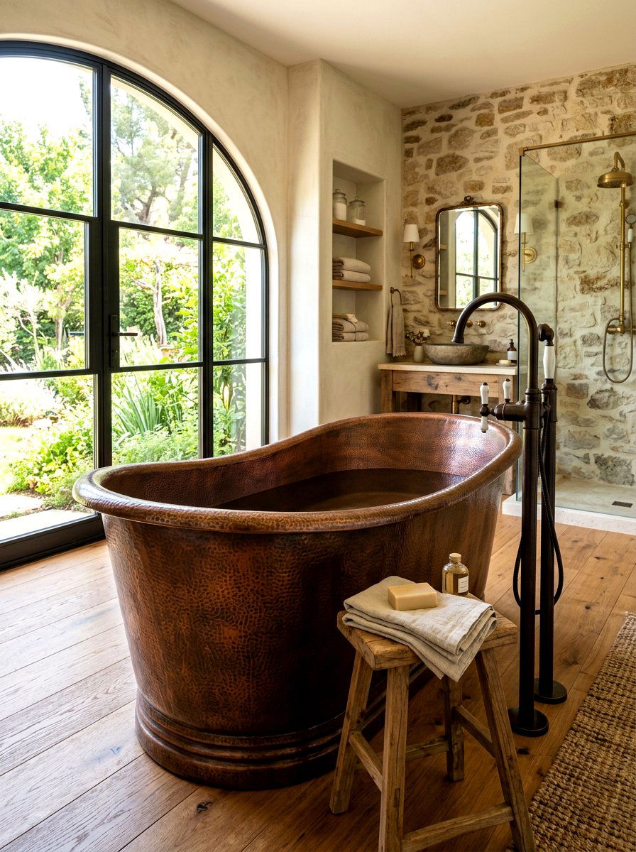 Freestanding Copper Tub - 30 rustic spa bathroom ideas