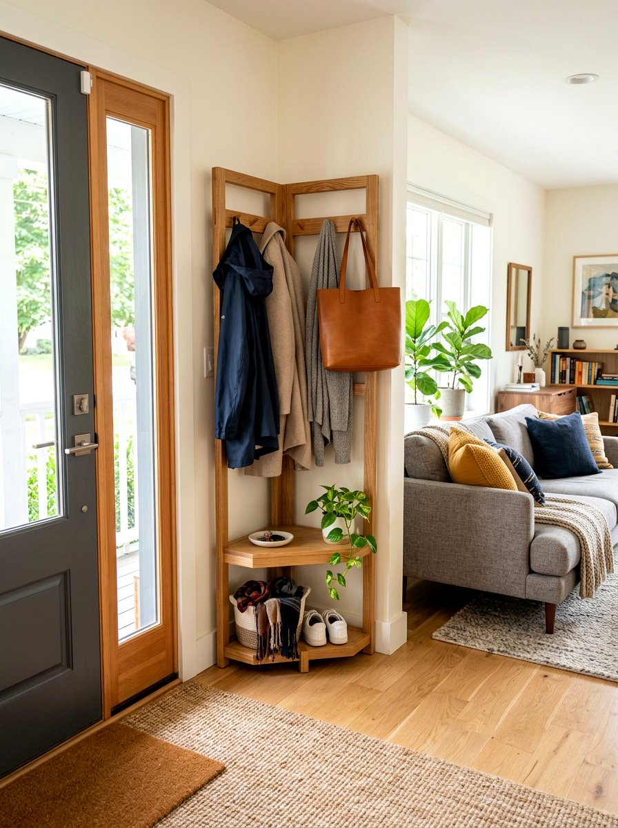Freestanding Corner Coat Rack - 30 renter friendly living room ideas