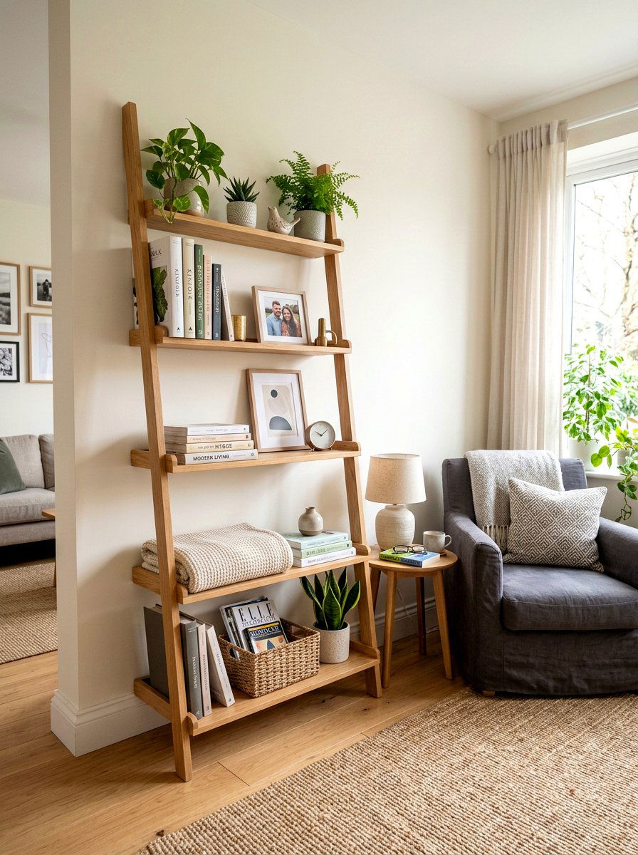 Freestanding Leaning Ladder Shelf - 30 renter friendly living room ideas