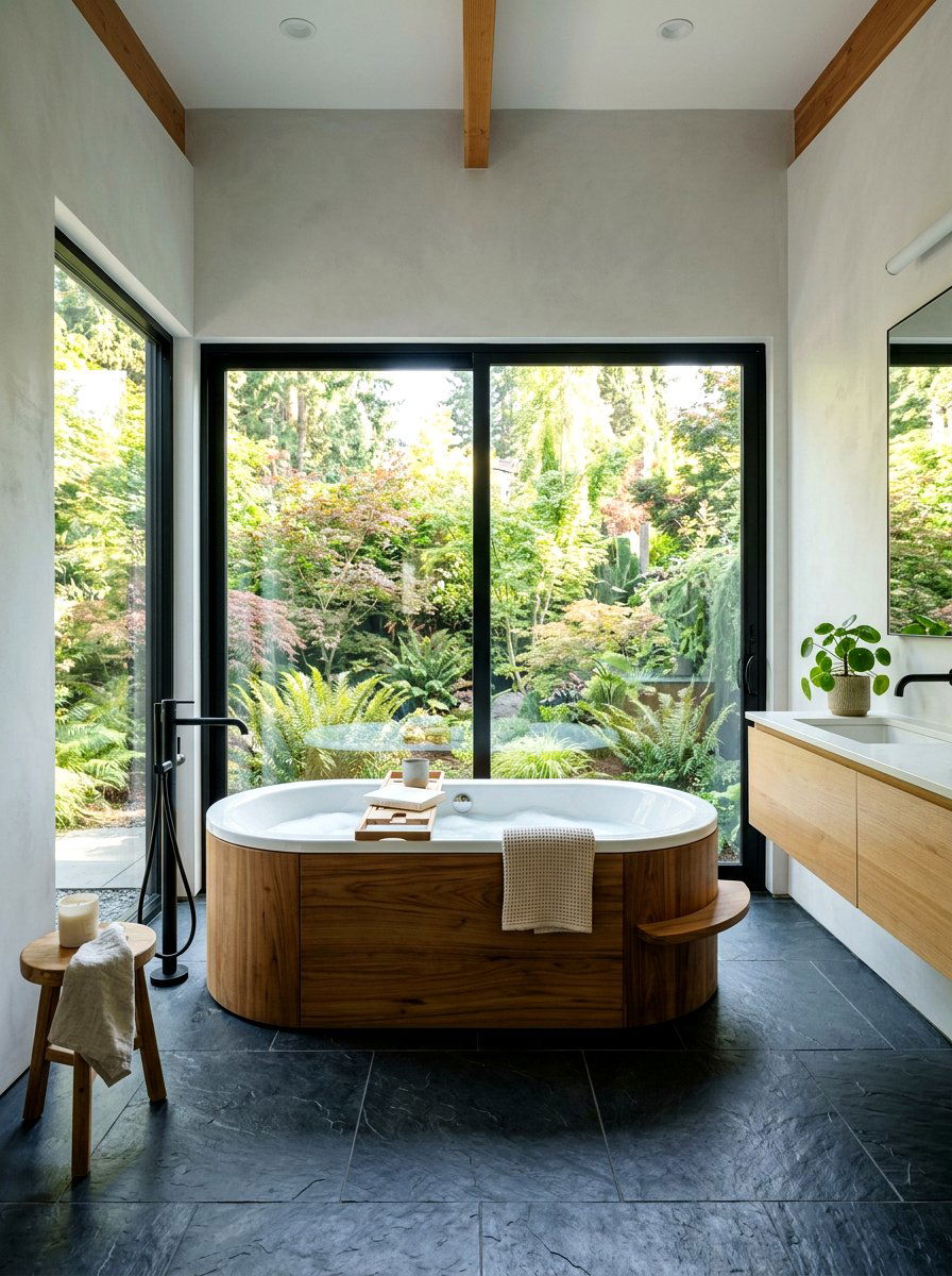 Freestanding Soaking Tub With Wood Surround - 30 sauna inspired bathroom ideas