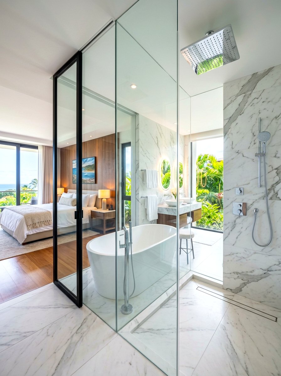Freestanding Tub and Shower Combo - 30 rain shower bathroom ideas