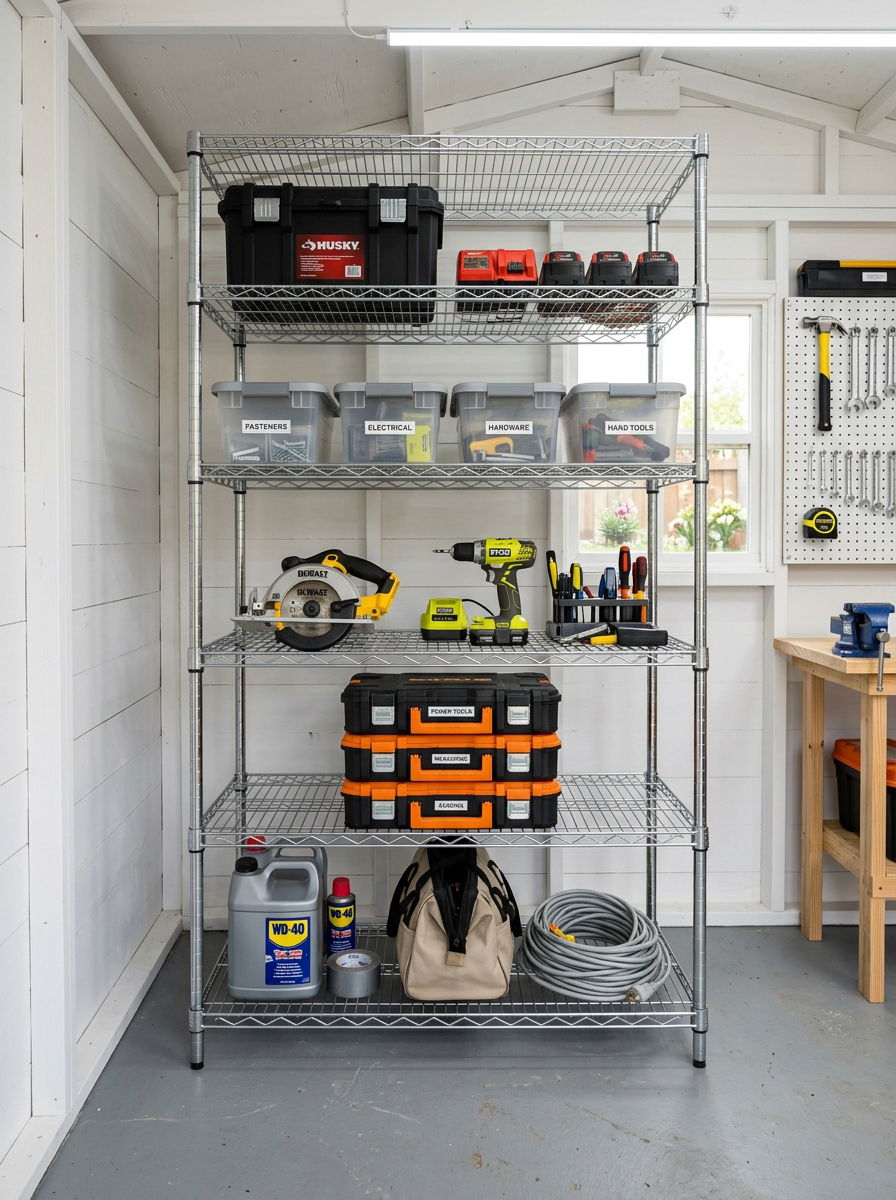Freestanding Wire Shelving Unit - 30 shed organization ideas