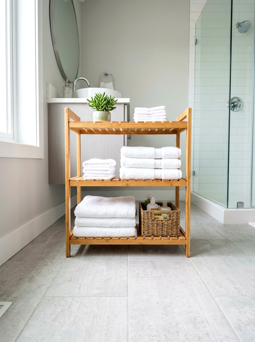 Freestanding bamboo floor rack - 30 renter safe bathroom shelf ideas