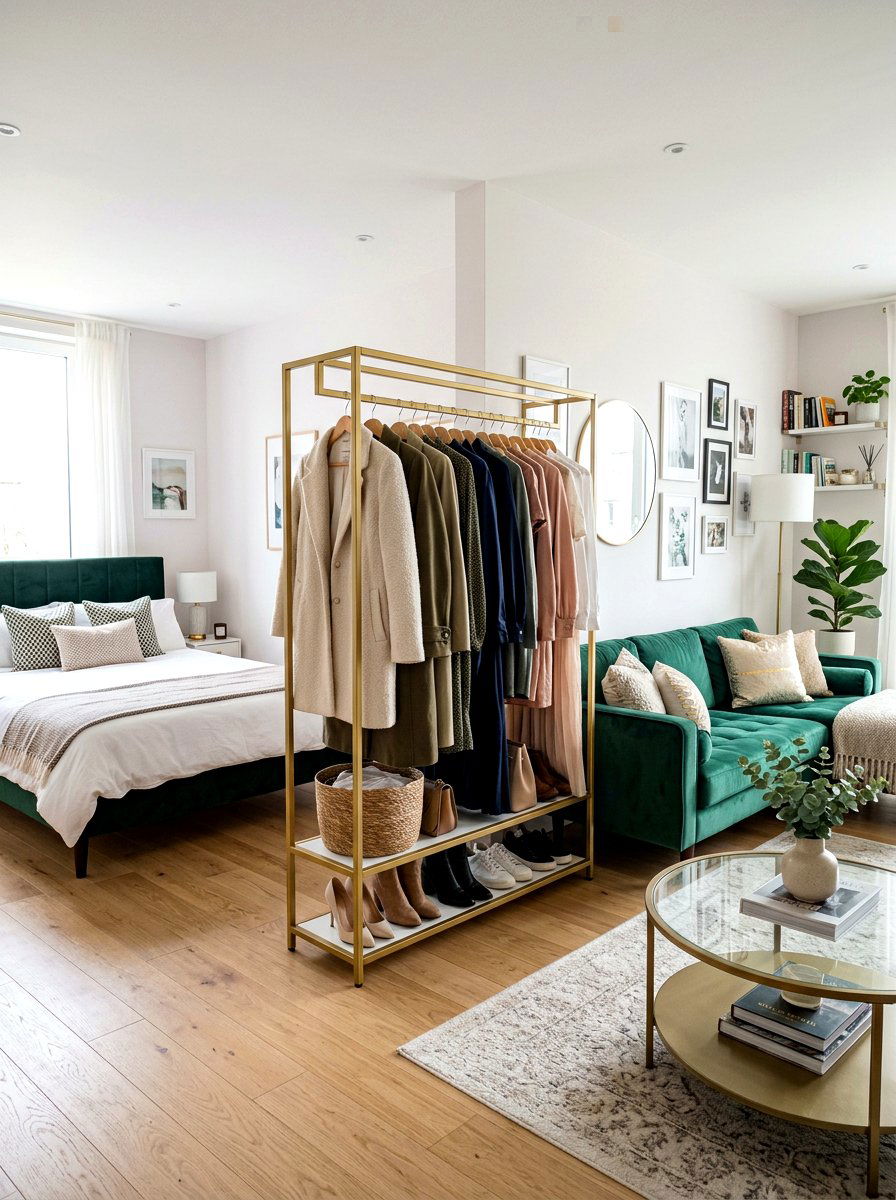 Freestanding clothes rack - 30 partial divider studio ideas