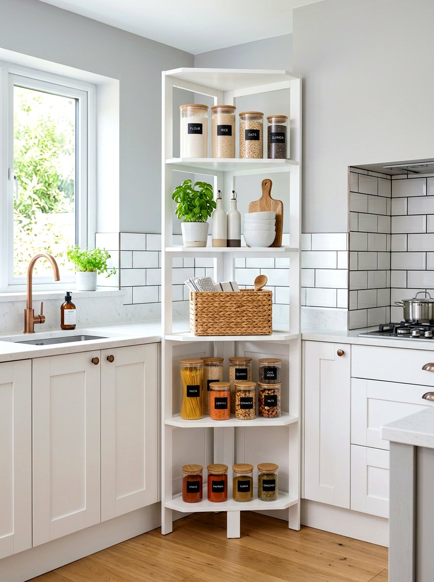 Freestanding corner shelf - 30 rental kitchen ideas