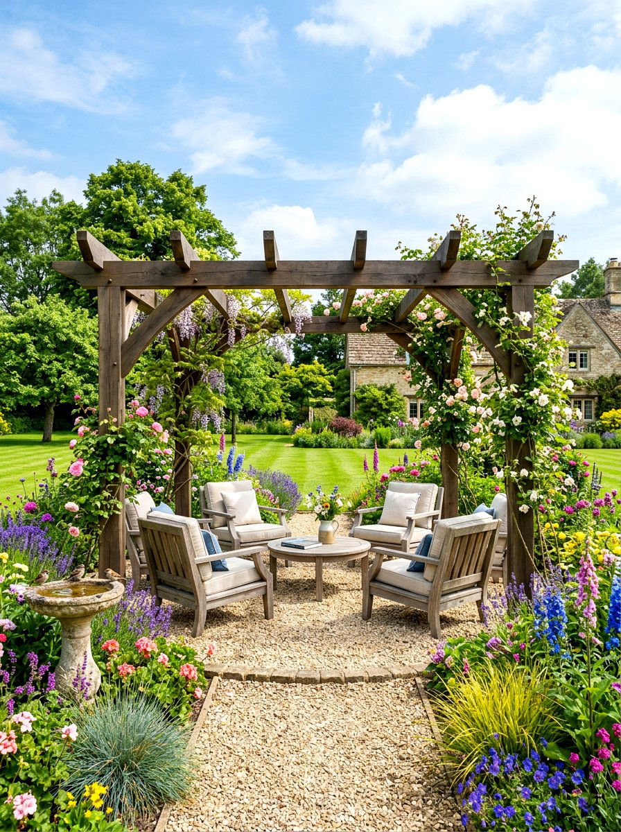 Freestanding garden pergola setup - 30 open pergola seating ideas