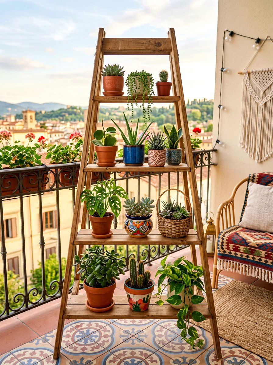 Freestanding ladder plant shelf - 30 balcony planter wall ideas