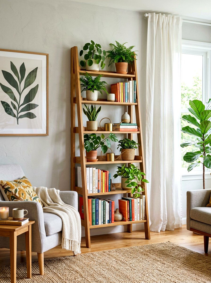 Freestanding ladder shelf - 30 no drill shelving ideas