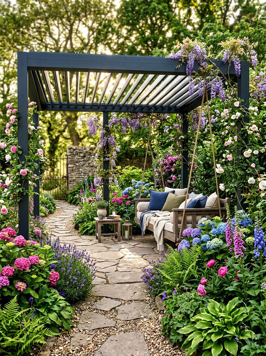 Freestanding louvered pergola in garden - 30 louvered pergola ideas