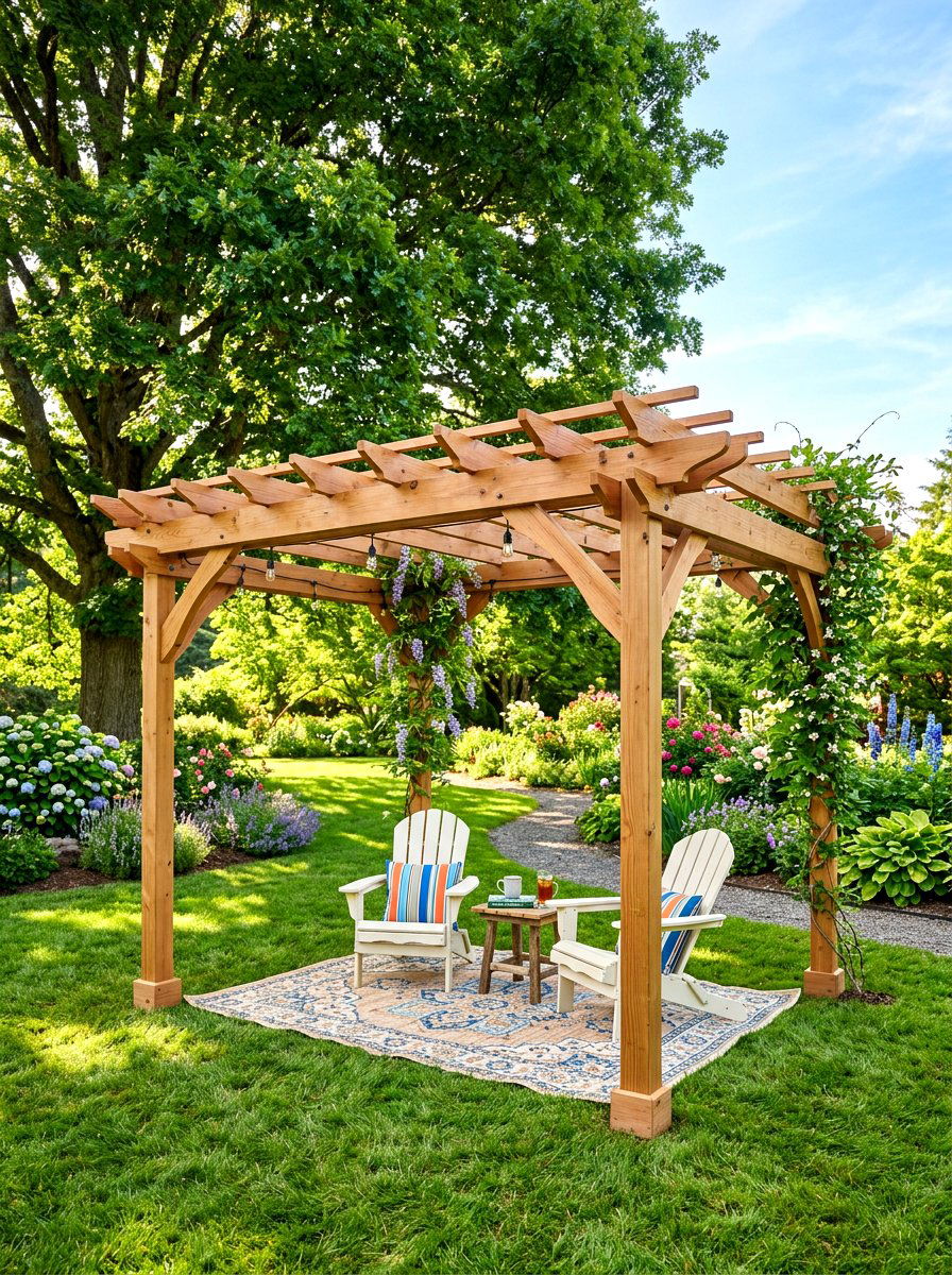 Freestanding pergola over grass - 30 pergola lounge patio ideas