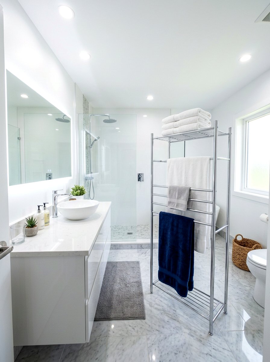 Freestanding towel rack shelf - 30 renter safe bathroom shelf ideas