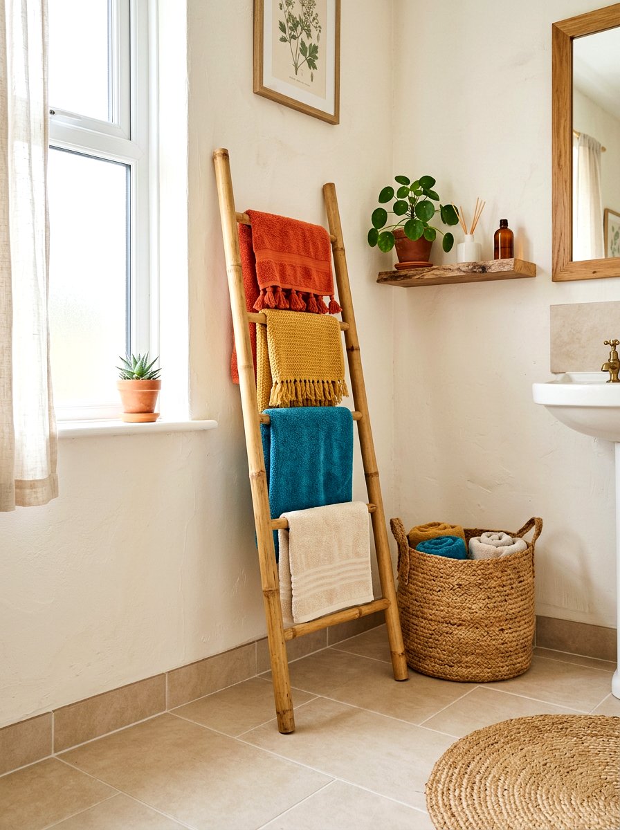 Freestanding towel rack - 30 renter friendly bathroom decor ideas