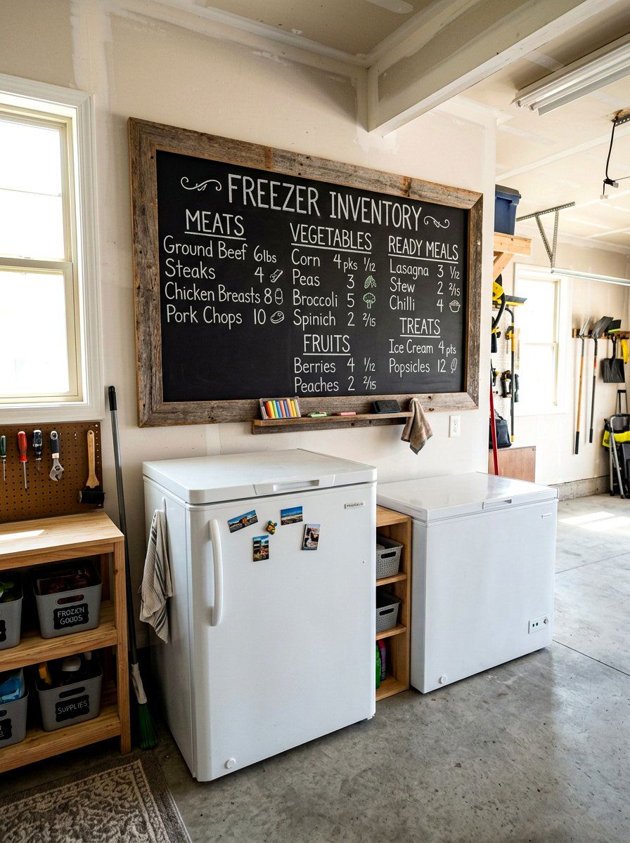 Freezer corner with inventory chalkboard - 30 garage freezer corner ideas