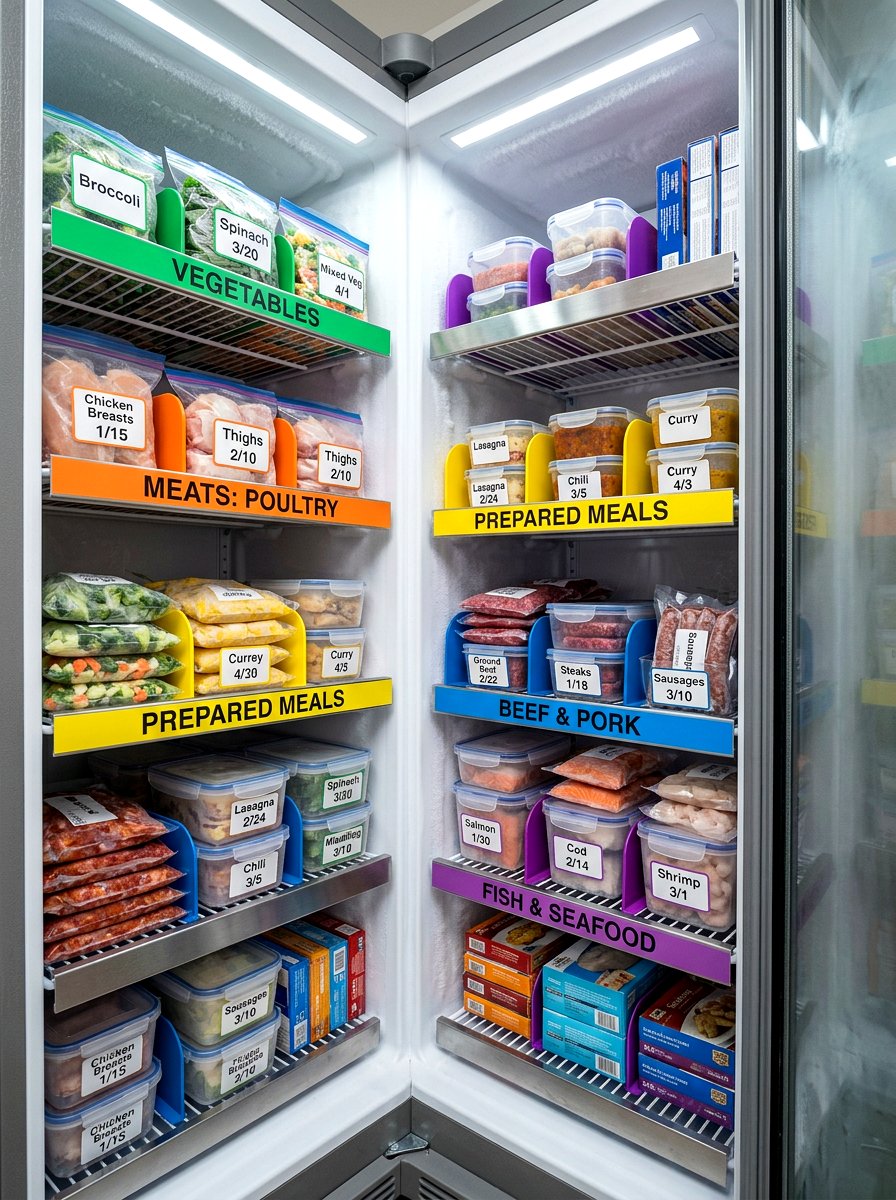 Freezer corner with labeled storage zones - 30 garage freezer corner ideas