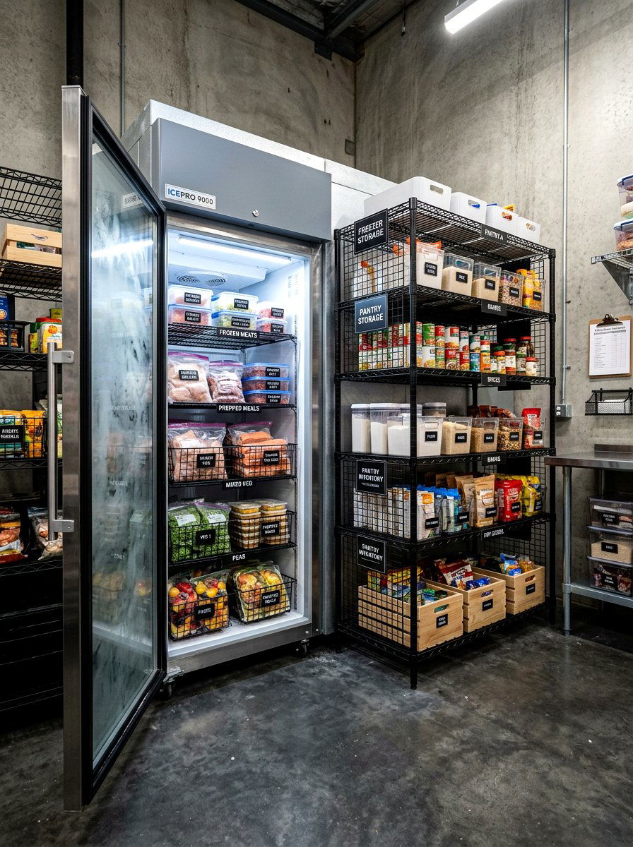 Freezer corner with wire rack organizers - 30 garage freezer corner ideas