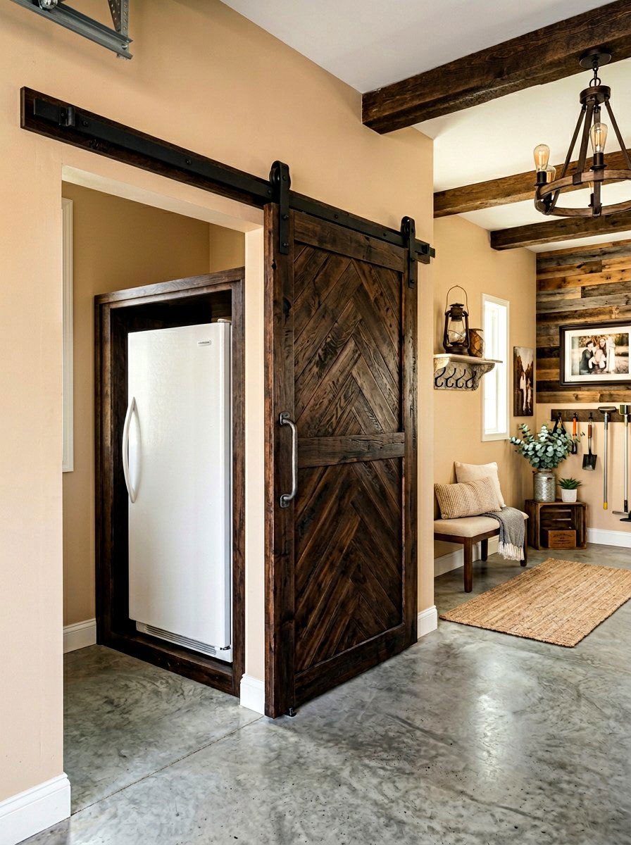 Freezer hidden behind sliding barn door - 30 garage freezer corner ideas