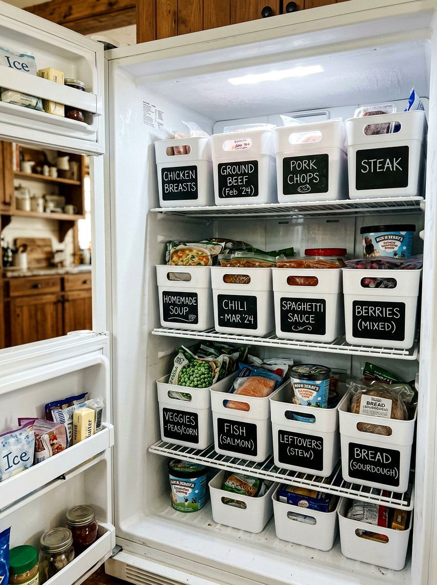 Freezer organization chalkboard bin labels - 30 freezer organization ideas