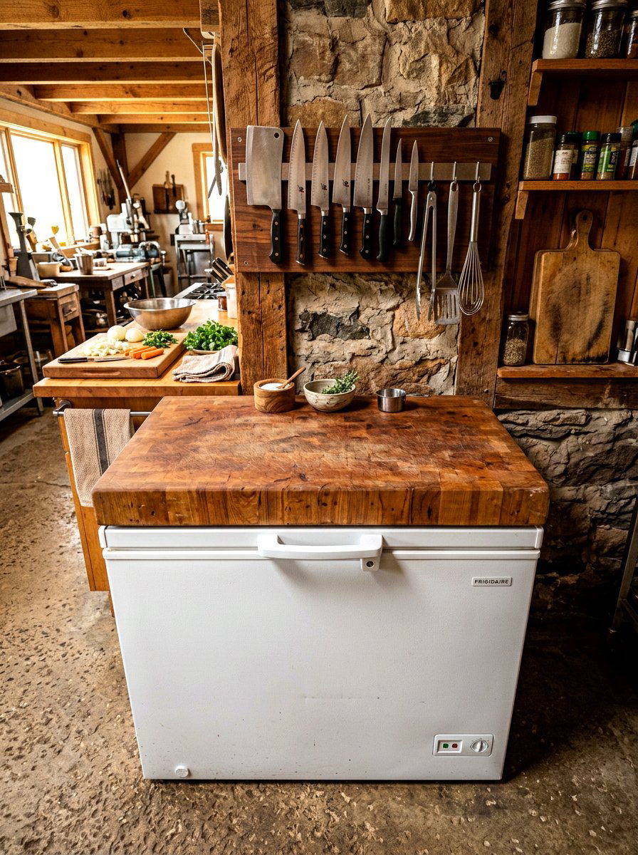 Freezer station with butcher block top - 30 garage freezer corner ideas