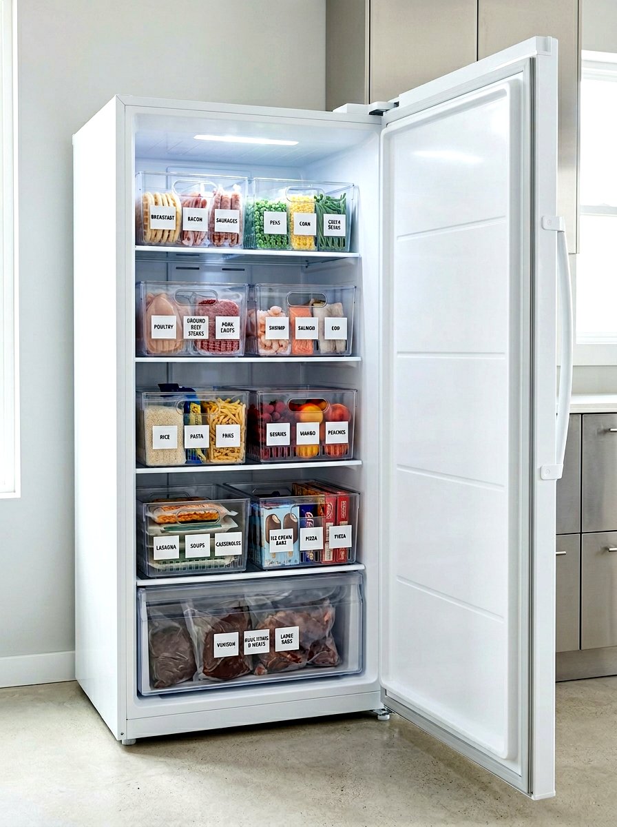 Freezer zone with clear plastic bins - 30 garage freezer corner ideas