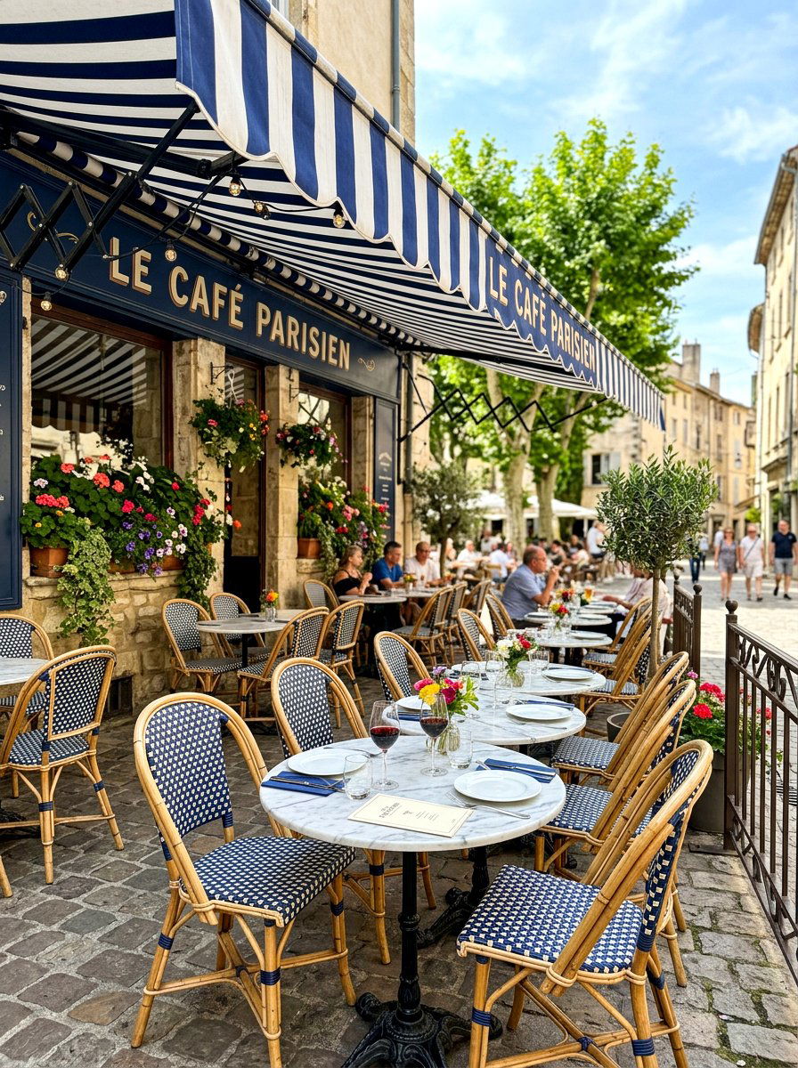 French Bistro Striped Patio Dining - 30 striped cabana backyard ideas