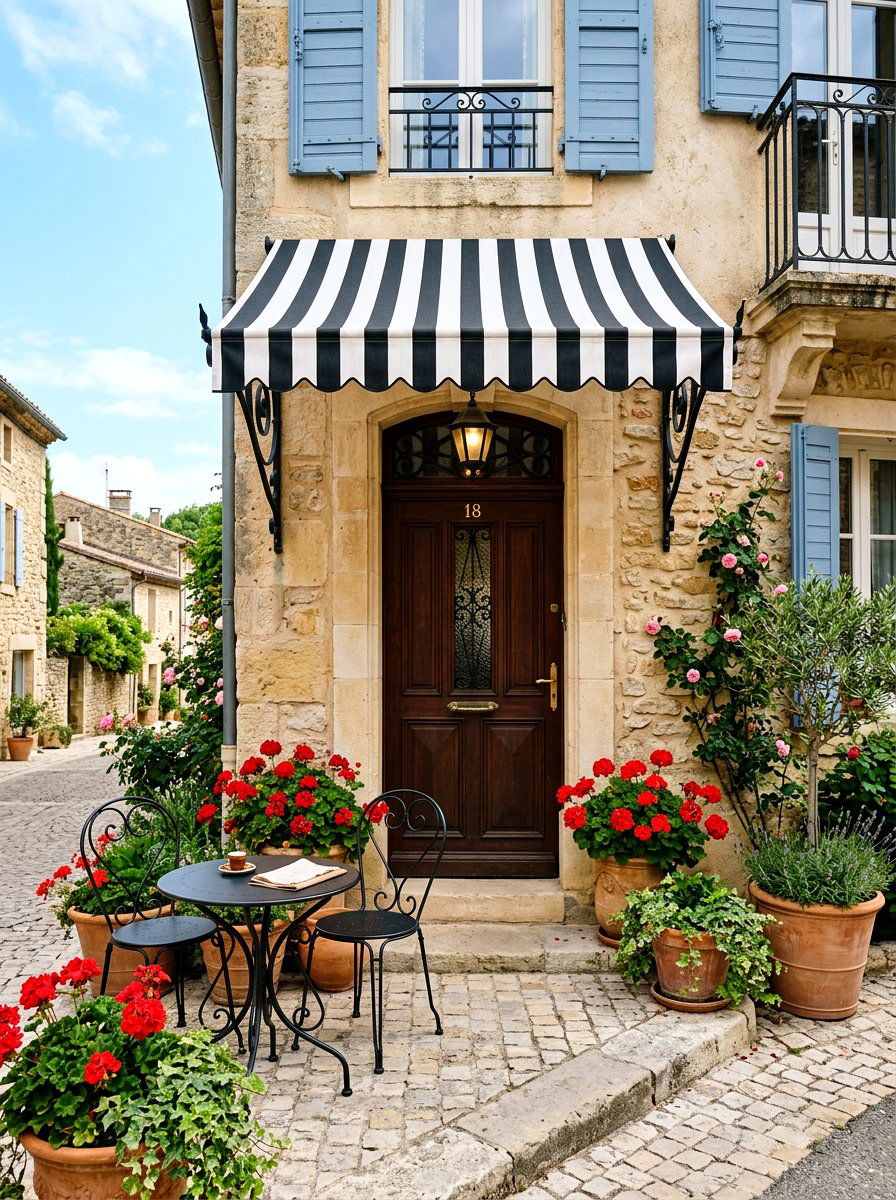 French Bistro Style Striped Awning - 30 striped awning front porch ideas