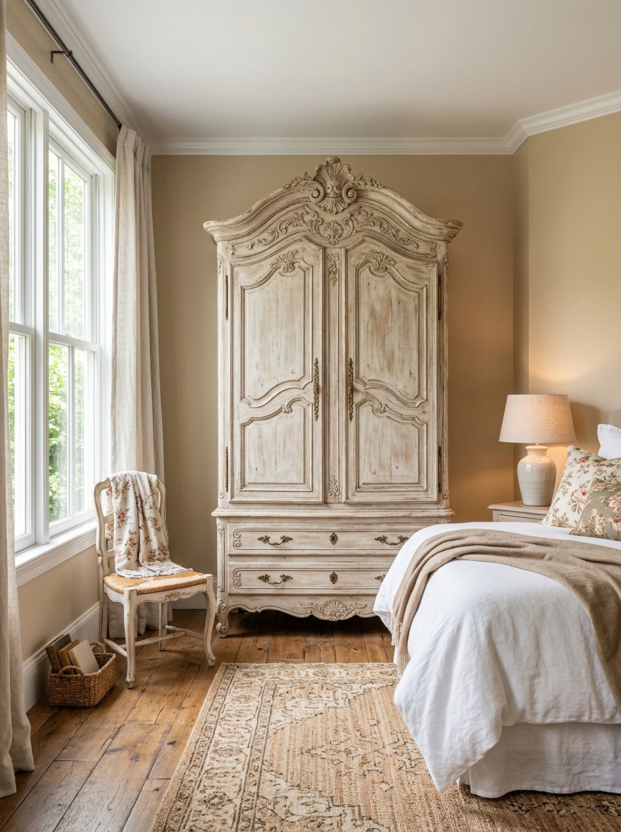 French Country Armoire - 30 soft vintage bedroom ideas