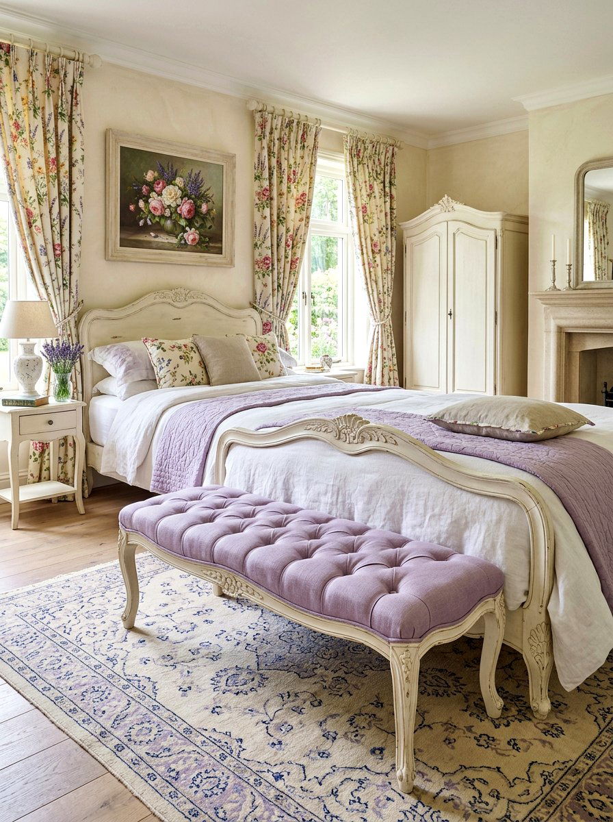 French Country Bedroom With Tufted Bench - 30 bedroom bench ideas