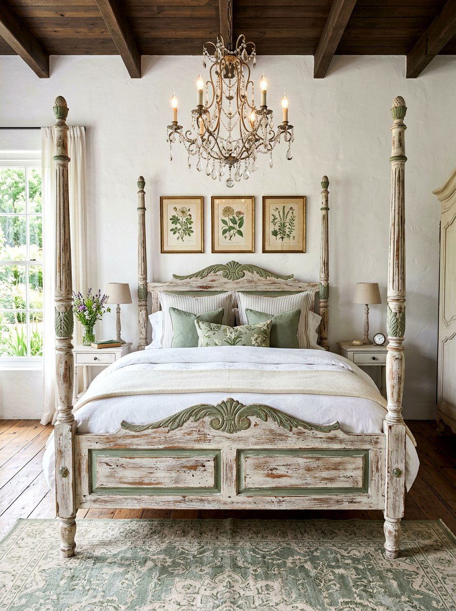 French Country Distressed Wood Bed - 30 four poster bed ideas