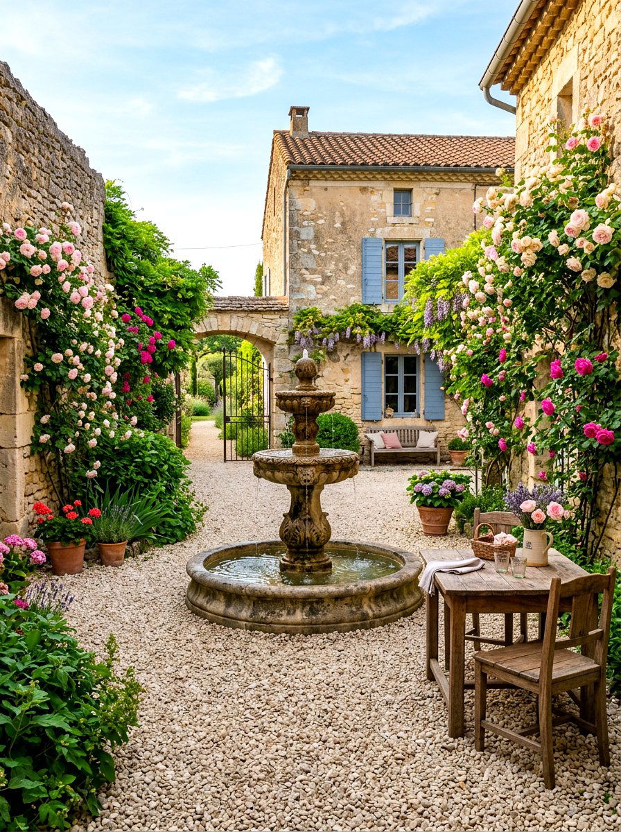 French Country Gravel Courtyard - 30 gravel backyard ideas