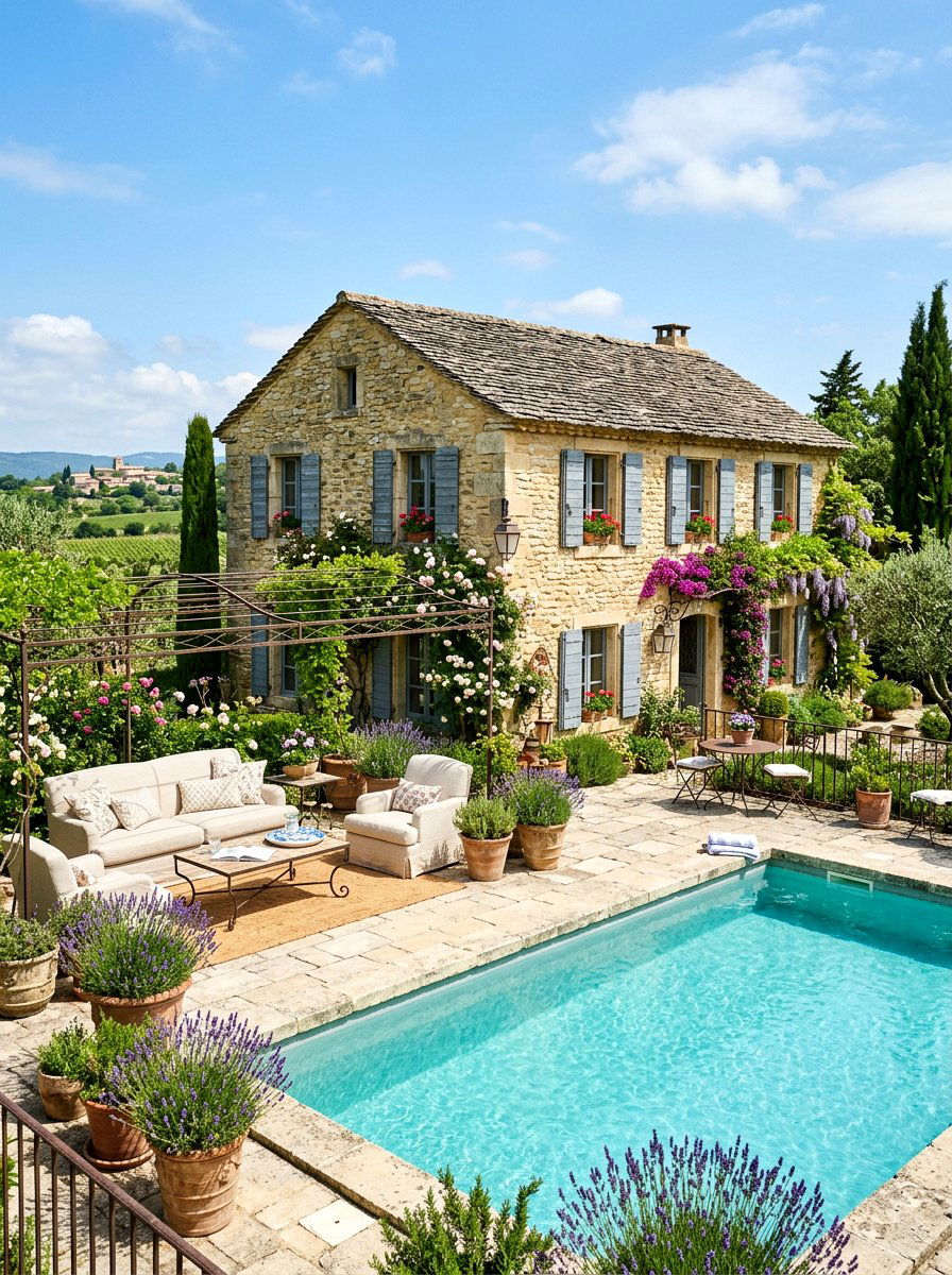 French Country Pool Cottage - 30 pool house lounge backyard ideas