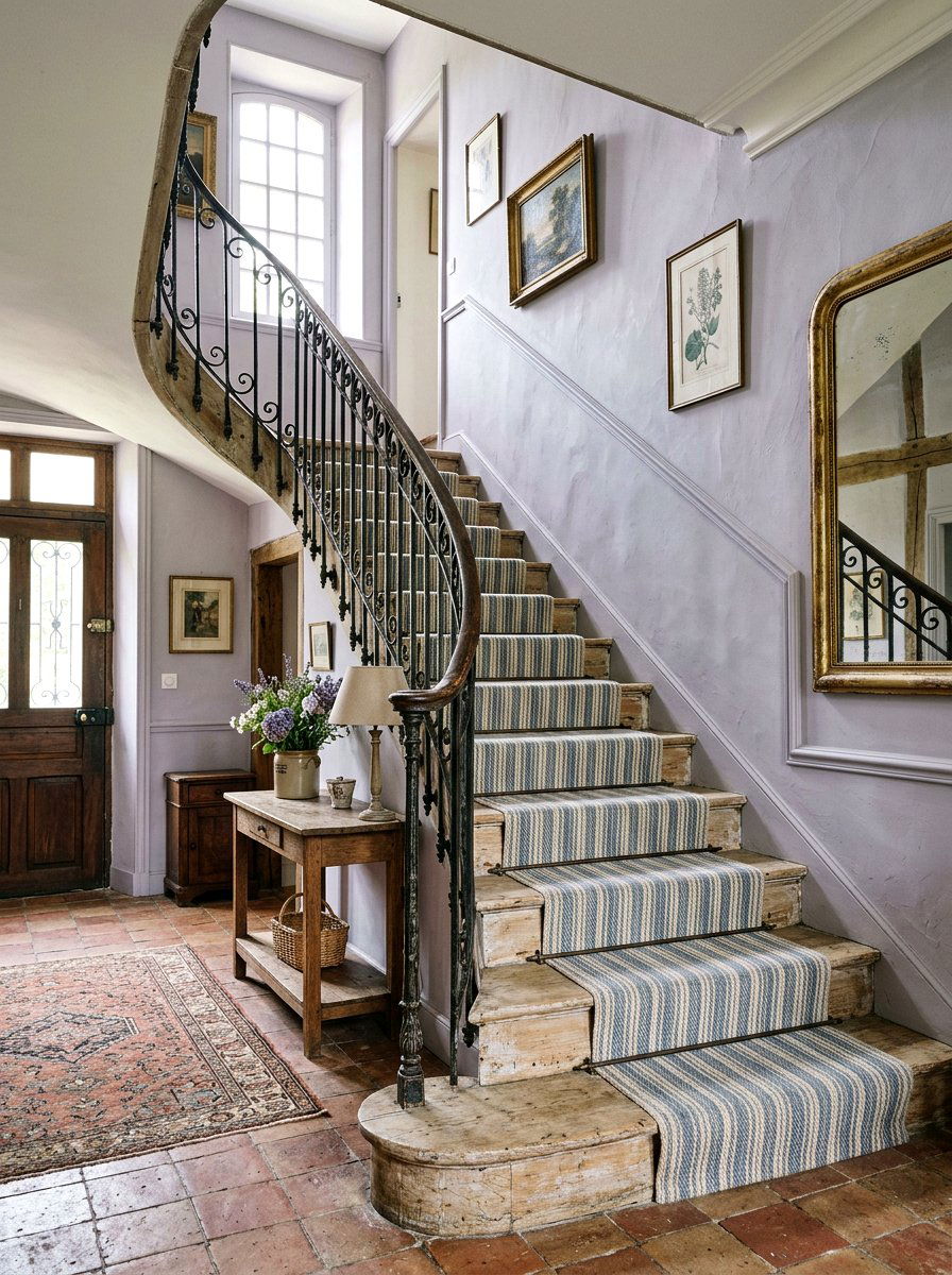 French Country Striped Stair Runner - 30 stair runner stripe ideas