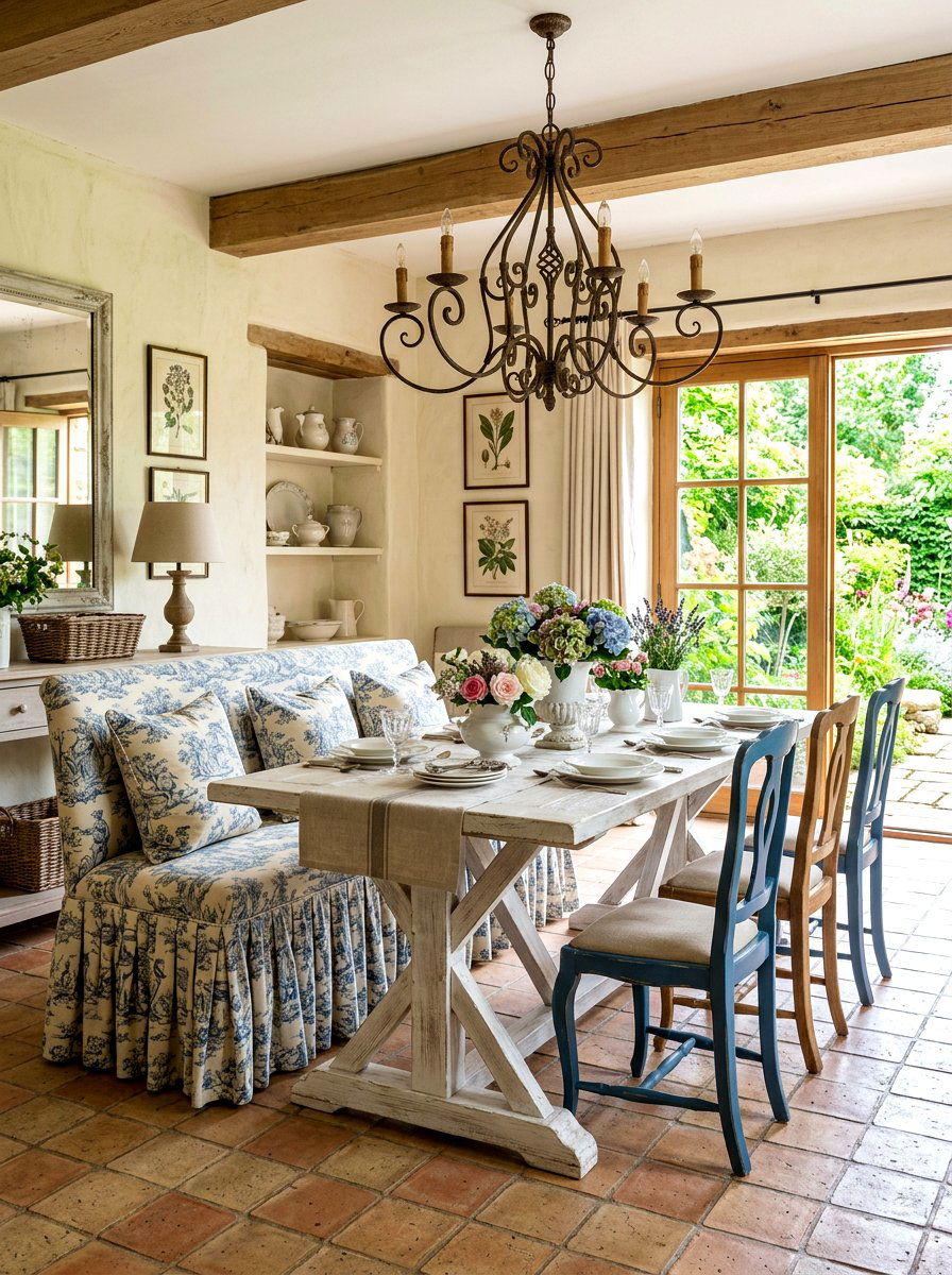French country dining bench skirt - 30 skirted dining bench ideas