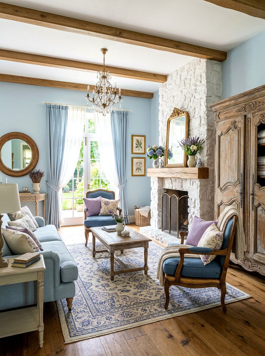 French country light blue living room - 30 soft blue living room ideas