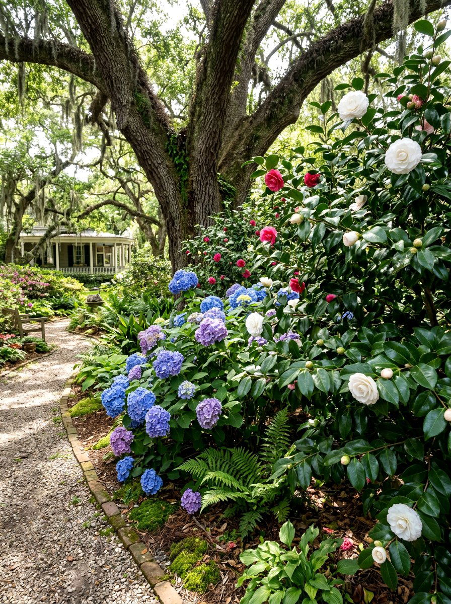 French hydrangea and camellia garden - 30 evergreen and hydrangea landscape ideas