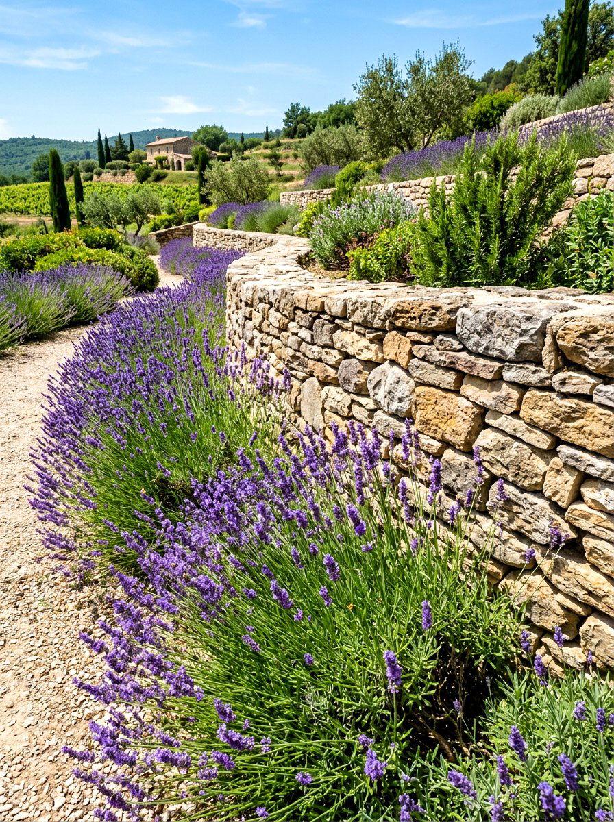 French lavender stone wall - 30 lavender border ideas