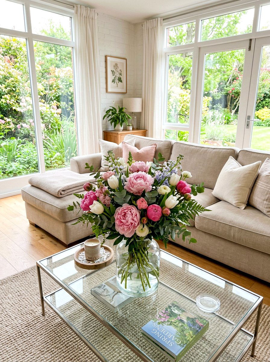 Fresh flower arrangement - 30 soft spring living room ideas