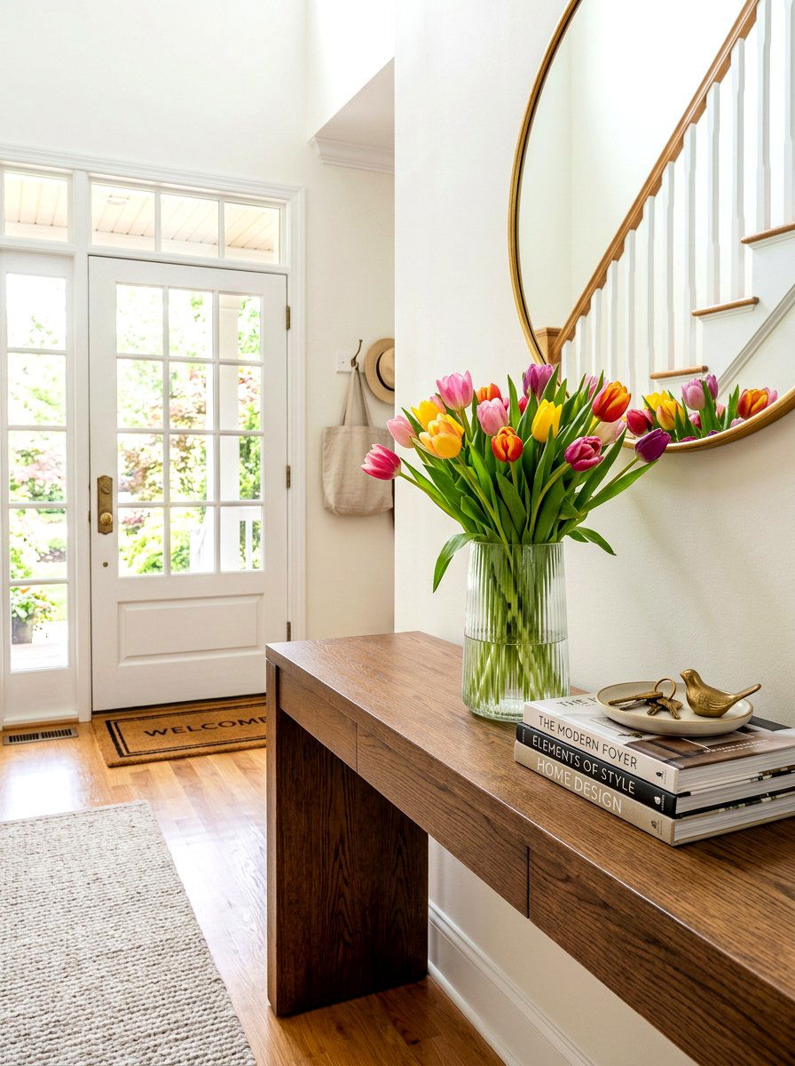 Fresh flowers in glass vase - 30 foyer console styling ideas