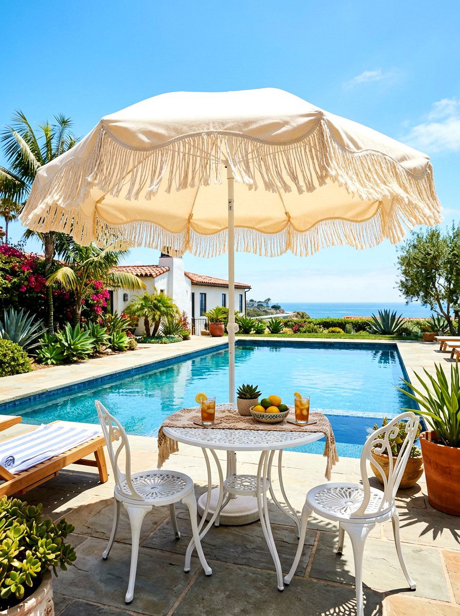 Fringe Patio Umbrella - 30 bohemian patio decor ideas