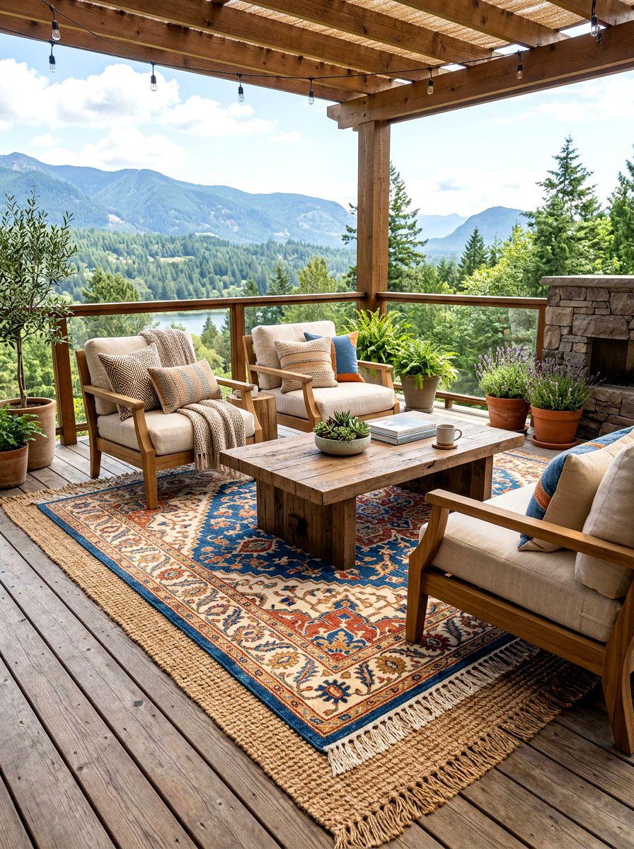 Fringe Rug On Woven Outdoor Base - 30 outdoor rug layering ideas