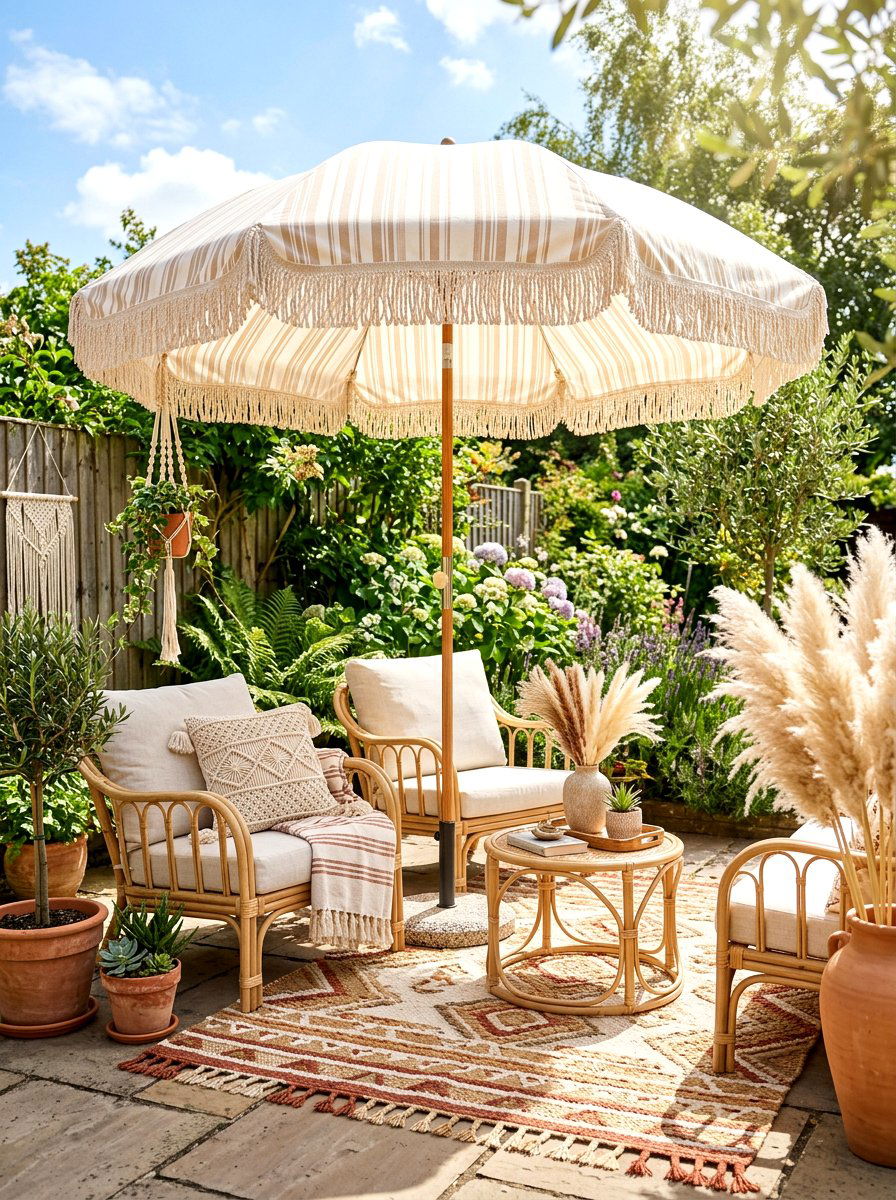 Fringe Striped Patio Umbrella - 30 striped umbrella patio ideas